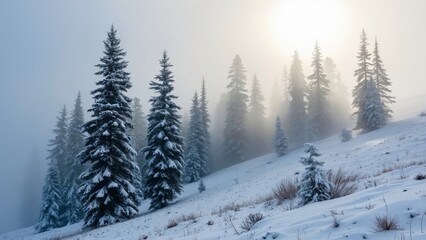 Fototapeta premium Majestic Spruce Trees in Misty Snowy Hillside, Breathtaking Winter Landscape Photography