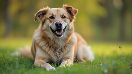 Happy Mixed Breed Dog Lying in Grass, Smiling at Camera - Full Body Shot