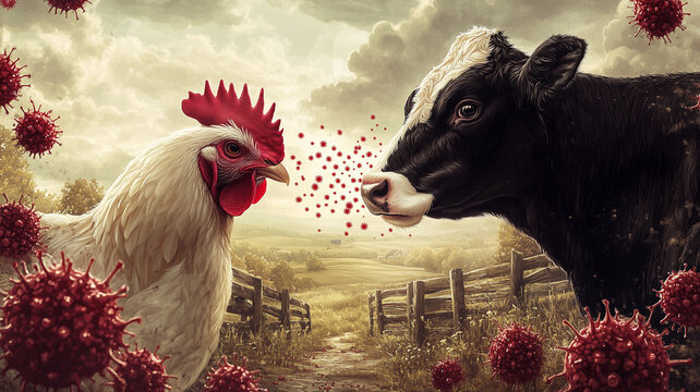 H5N1 avian flu spread depicted between a chicken and a dairy cow on a farm
