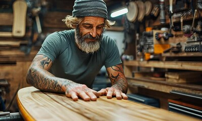 A skilled craftsman shaping a wooden surfboard in a workshop. - Powered by Adobe