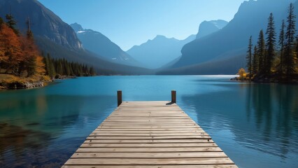 Serene Wooden Dock on Pristine Mountain Lake in Canada's Rocky Mountains - Autumn Scenery