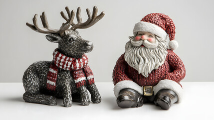 Adorable Christmas figurines! A charming reindeer in a red and white scarf sits beside a jolly Santa Claus. Perfect for festive decor.