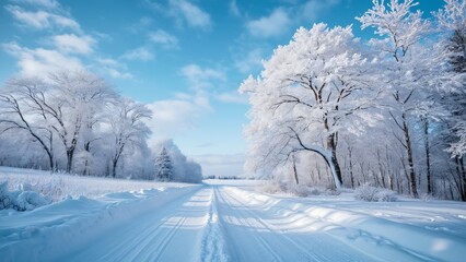 Obraz premium Stunning Winter Wonderland, Snow Covered Road, Trees, and Crystal Clear Blue Sky - Serene Nature Scene