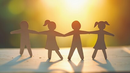 Fototapeta premium Paper Cutout People Holding Hands, Warm Sunset Unity Image