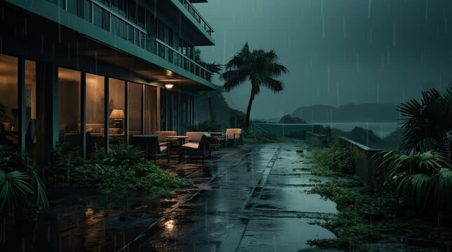 A view of an abandoned hotel with rain by the sea. 4k animated video