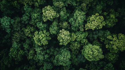 Naklejka premium Lush green treetops create a vibrant canopy in a dense forest during the summer season