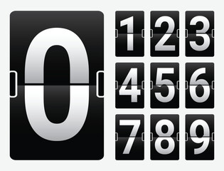 Countdown retro number, digital clock, mechanical scoreboard number and numeric counter flips. Alarm timer, score day date counter or time display numbers vector symbols set