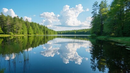 Serene Finnish Lake, Summertime Reflections of Sky and Forest