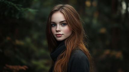Naklejka premium Young woman with flowing red hair stands in serene forest setting during autumn hours
