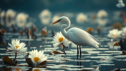 Naklejka premium Serene White Egret Amidst Lotus Flowers in Calming Pond Setting, Capturing Nature’s Beauty and Tranquility in a Picturesque Landscape Scene