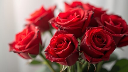 Obraz premium Vibrant Red Roses Bouquet, Close-up of Elegant, Delicate Petals with Dew Drops, Romantic Floral Display against White Background