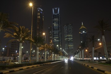 Night view of a city skyline with modern skyscrapers and palm trees.