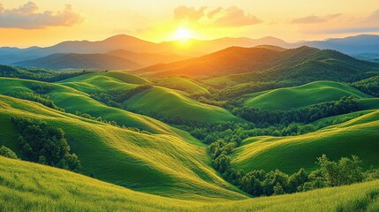 Obraz premium Scenic Sunrise Over Rolling Hills and Lush Green Landscape with Gentle Slopes, Nature's Serenity and Beauty Captured in Warm Golden Light