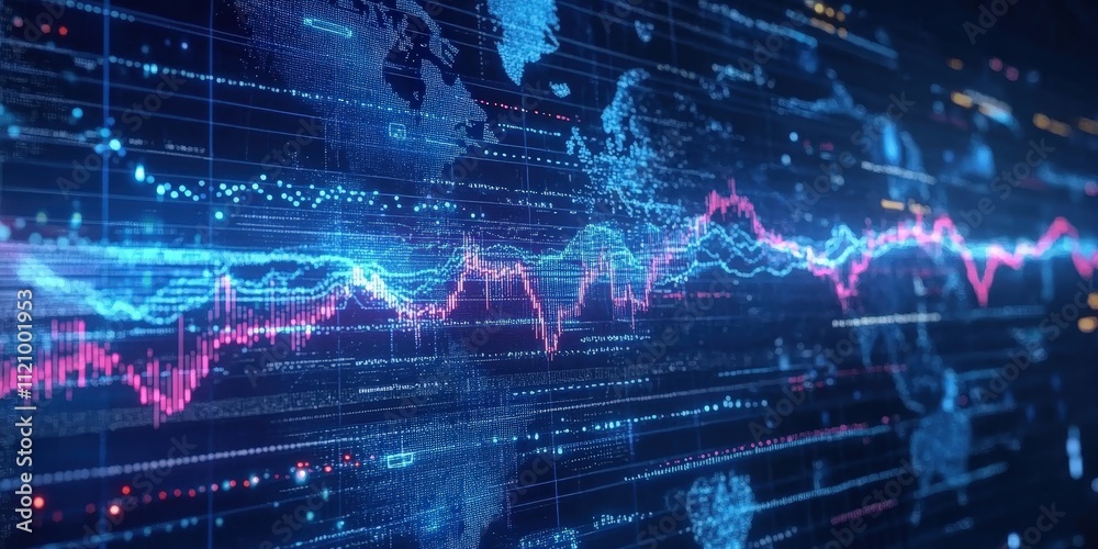 Poster dynamic stock market graph with candlestick patterns and line trends visualizing financial data and 