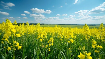 Fototapeta premium Vibrant Canola Field Blossoming Under a Sunny Blue Sky, Breathtaking Spring Landscape Photography