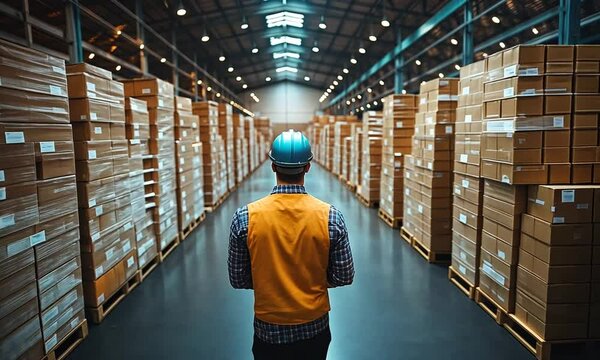 Worker in a warehouse surrounded by stacked boxes and pallets.