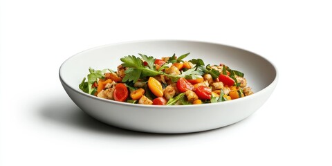 Delicious Salad in a White Bowl with Tomatoes and Croutons
