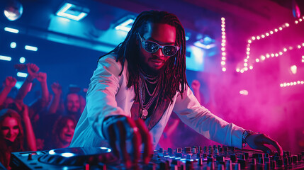 A DJ performing at a New Year’s Eve party with neon lights and cheering crowd, dynamic vibrant...