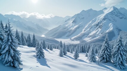Fototapeta premium Aerial View of Snow Covered Alpine Mountain Landscape with Sparse Evergreens
