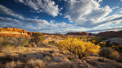 Obraz premium Breathtaking autumn landscape in desert terrain with dramatic sky and colorful foliage