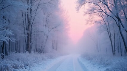Obraz premium Serene Winter Dawn, Misty Forest Path, Pink Sky, Icy Trees