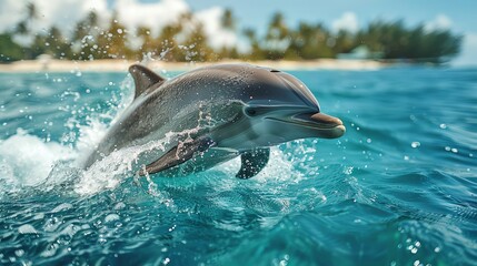 Fototapeta premium Dolphin leaping from ocean waves near tropical beach. (5)
