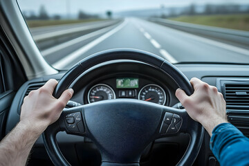 Hands gripping the steering wheel as the car drives along an open highway, with the road visible ahead and the dashboard in focus.