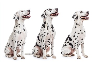 Excellent quality isolated image of a joyful Dalmatian dog resting on a white backdrop. Generative Ai