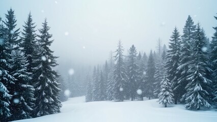 Naklejka premium Panoramic Winter Wonderland, Snow Falling on Coniferous Trees in a Forest, Heavy Snowfall, White Sky