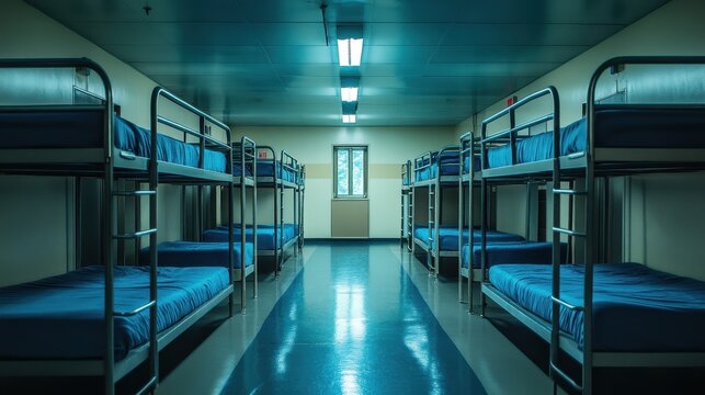 Rows of metal bunk beds fill a long room. Depicts a dormitory, military barracks, or shelter.