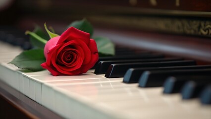 Romantic Red Rose on Piano Keys, Musical Love Web Banner with Copy Space