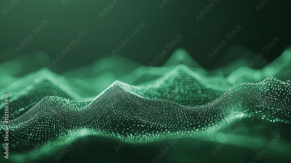 Poster abstract dark green glowing particles on a soft bokeh background with depth and dimension in a dream