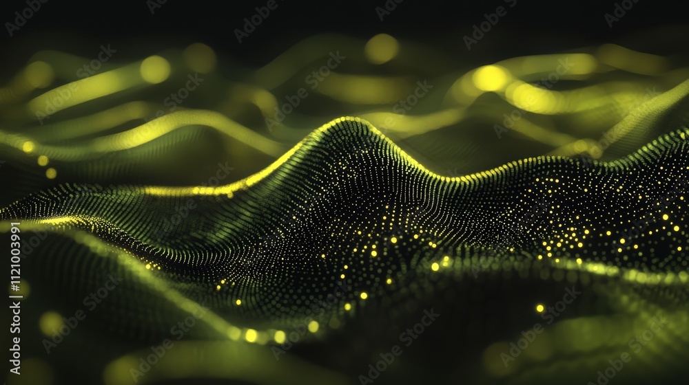 Poster abstract dark green glowing particles in a bokeh background creating a dreamy and enigmatic atmosphe