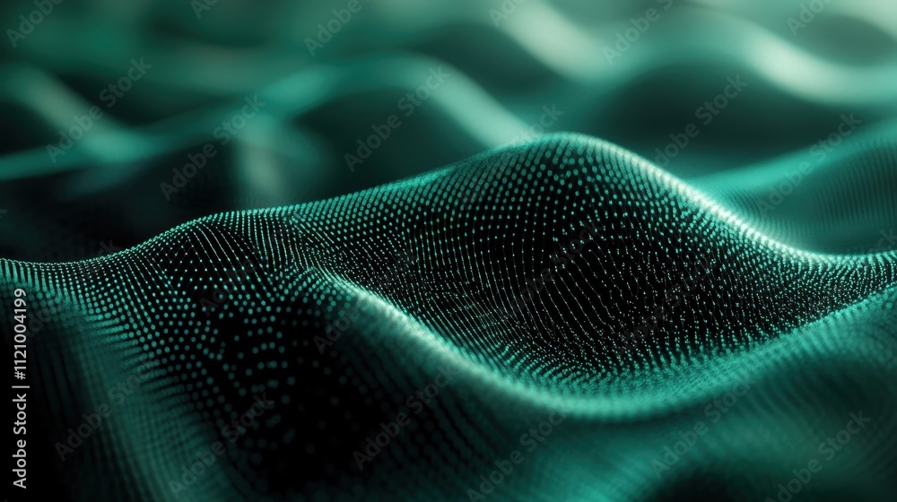 Poster abstract dark green glowing particles in bokeh effect with soft waves and depth in a dreamy atmosphe