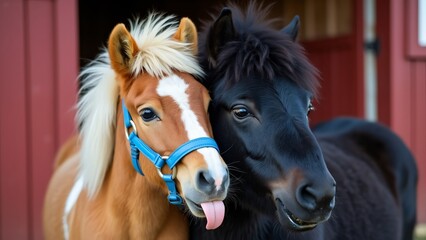 Adorable Shetland Ponies Playing in Stable, Brown & Black with Blue Eyes