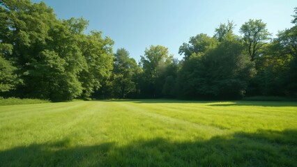 Fototapeta premium Serene Summer Meadow, Lush Green Grass, Trees, and Open Bonfire Area - High-Resolution Photography