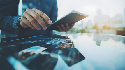 Close-up of a person's hands using a tablet and interacting with a digital interface. City backdrop suggests modern technology and business.