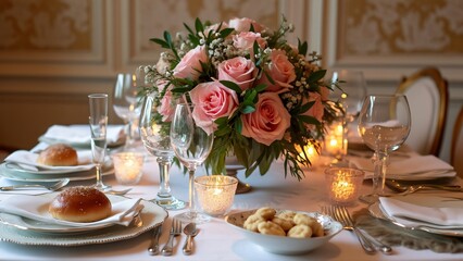 Elegant Wedding Dinner Table Setting with Pink Roses Centerpiece, Cookies, and Cutlery
