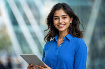 Fototapeta premium Smiling Indian Businesswoman with Tablet in Urban Glass Building generative ai