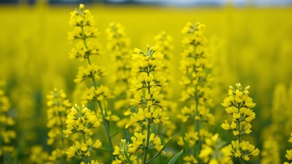 Fototapeta premium Vibrant Yellow Rapeseed Field in Full Bloom, Stunning High-Resolution Stock Photo of Blooming Rapeseed Flowers with Blurred Background and Depth of Field, Ideal for Spring and Nature