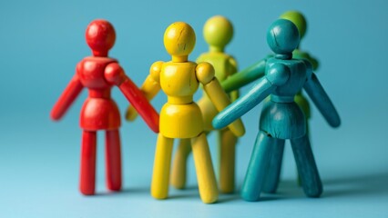 Colorful Wooden Toy People Holding Hands, Unity, Diversity, Community Concept Image