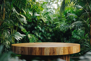 Serene Wooden Table Amidst Lush Greenery In Natural Light generative ai