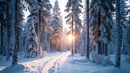 Obraz premium Magical Lapland, Snow-Covered Pine Forest at Sunset, Winter Wonderland Photography