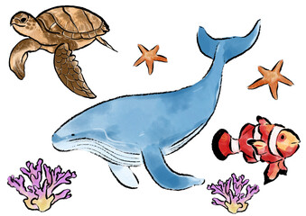 Cute cartoon sea animals swimming underwater, including starfish, coral, whales, and turtle on transparent background