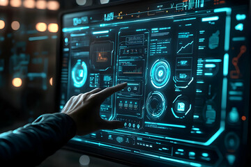 Fototapeta premium Digital interface showcasing system management, with a user interacting with a futuristic touchscreen display.