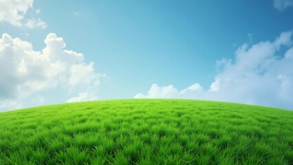Fototapeta premium Serene Green Grass Hill under Blue Sky with Fluffy Clouds, Idyllic Nature Scene for Relaxation and Outdoor Activities Background