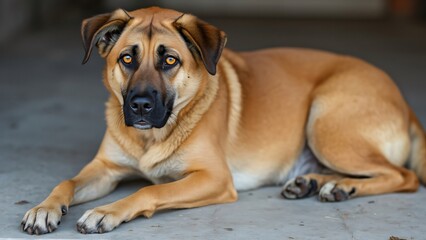 High-Definition Photo of Orange-Brown Mixed Breed Dog with Black Ears and Yellow Eyes Lying on Concrete Floor
