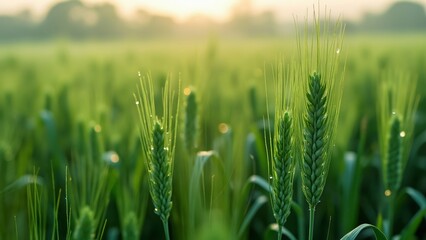 Obraz premium Serene Spring Wheat Field, Dewdrops on Green Grains at Sunrise