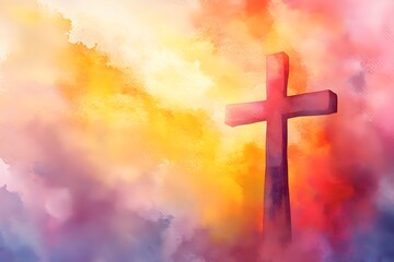 A painting of a cross with a red background