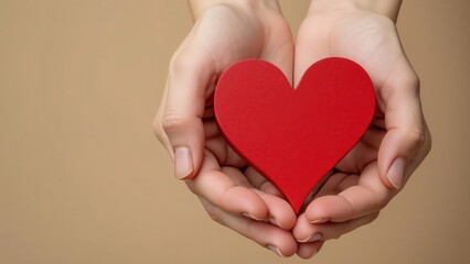 Obraz premium Close-up of Hands Gently Holding a Red Wooden Heart, Beige Background, Love, Care, and Valentine's Day Concept